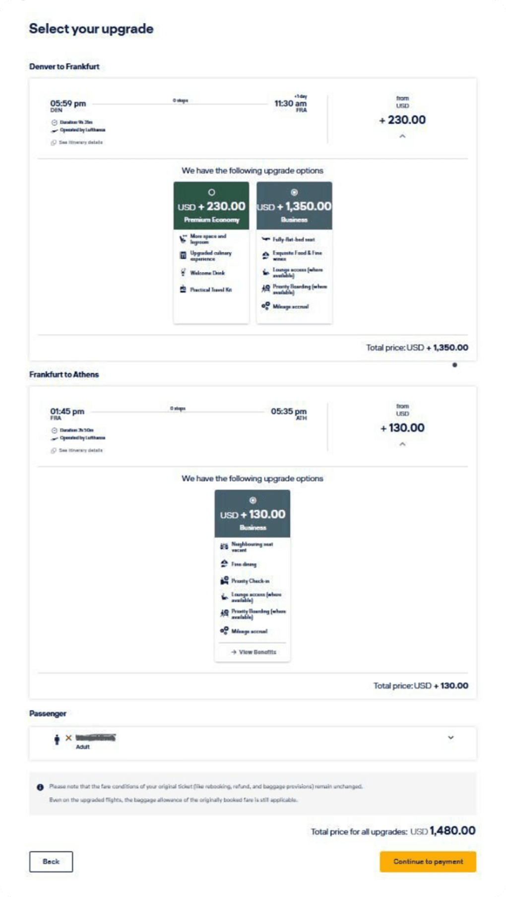 DEN to ATH on Lufthansa Upgrade